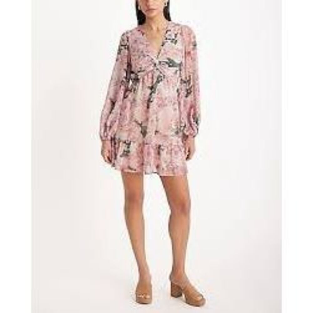 Express Long Billow Sleeve Mini Dress Pink Cream Floral Crepe Romantic Flowy NWT